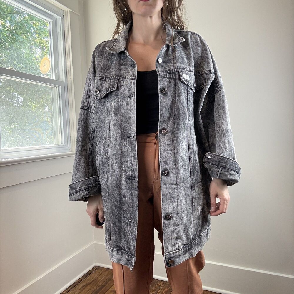 Vintage 90s Black Gray Acid Wash Denim Jean Jacket | Oversized Long Grunge